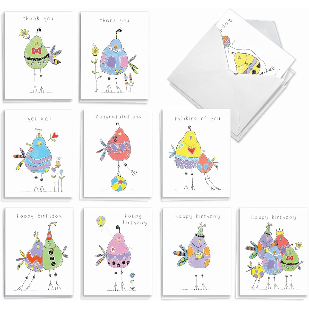 The Best Card Company - 20 Mixed Occasion Notecards (4 x 5.12 inches) - Boxed Cards for Multiple Occasions (10 Designs, 2 of Each) - Wordy Birdies AM3176XXB-B2x10