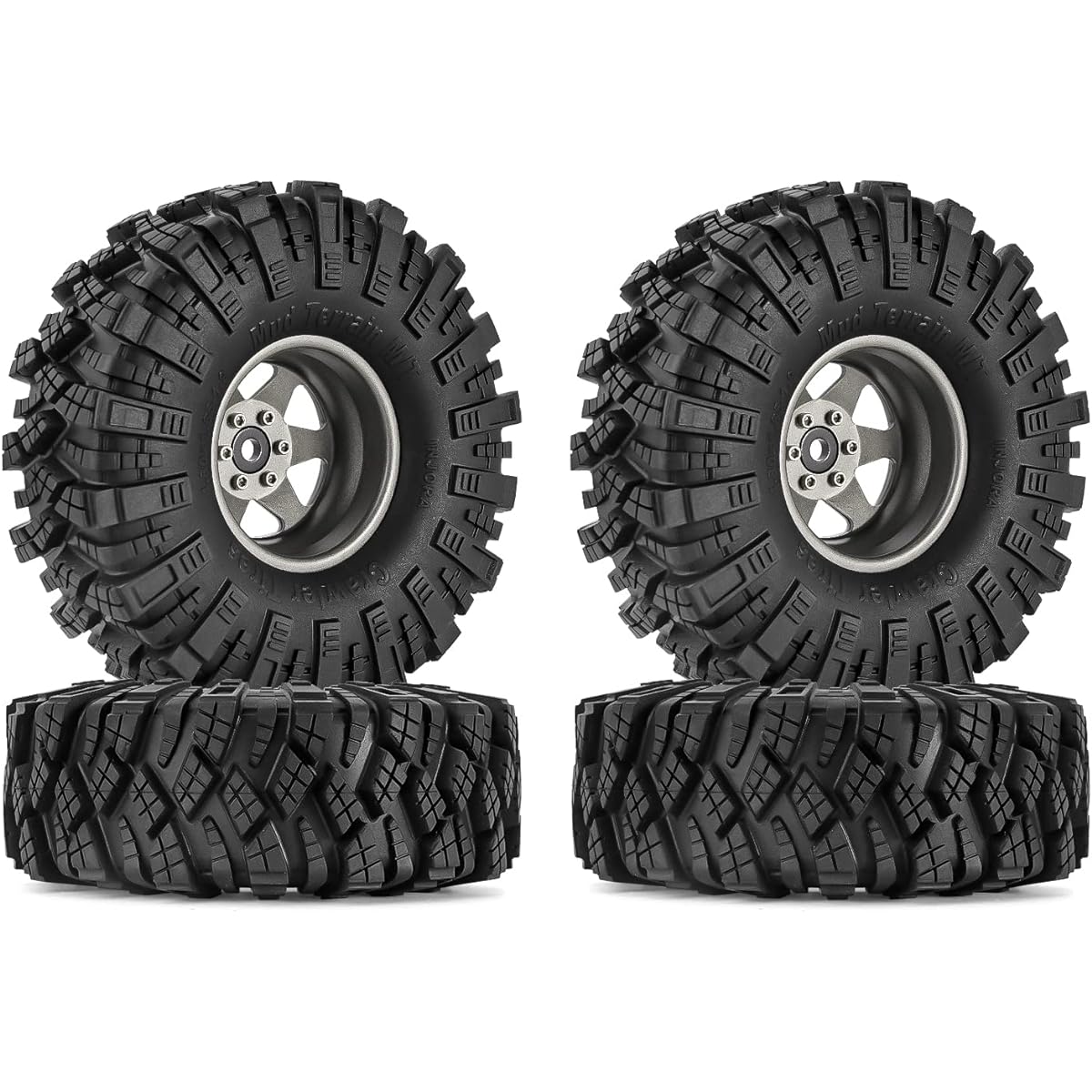 INJORA 1.9 Mud Tires Set Offset -8.9mm Beadlock Wheel Rim for 1/10 RC Crawler Car Axial SCX10 90046 UTB18 TRX4 Upgrade Part (Grey)