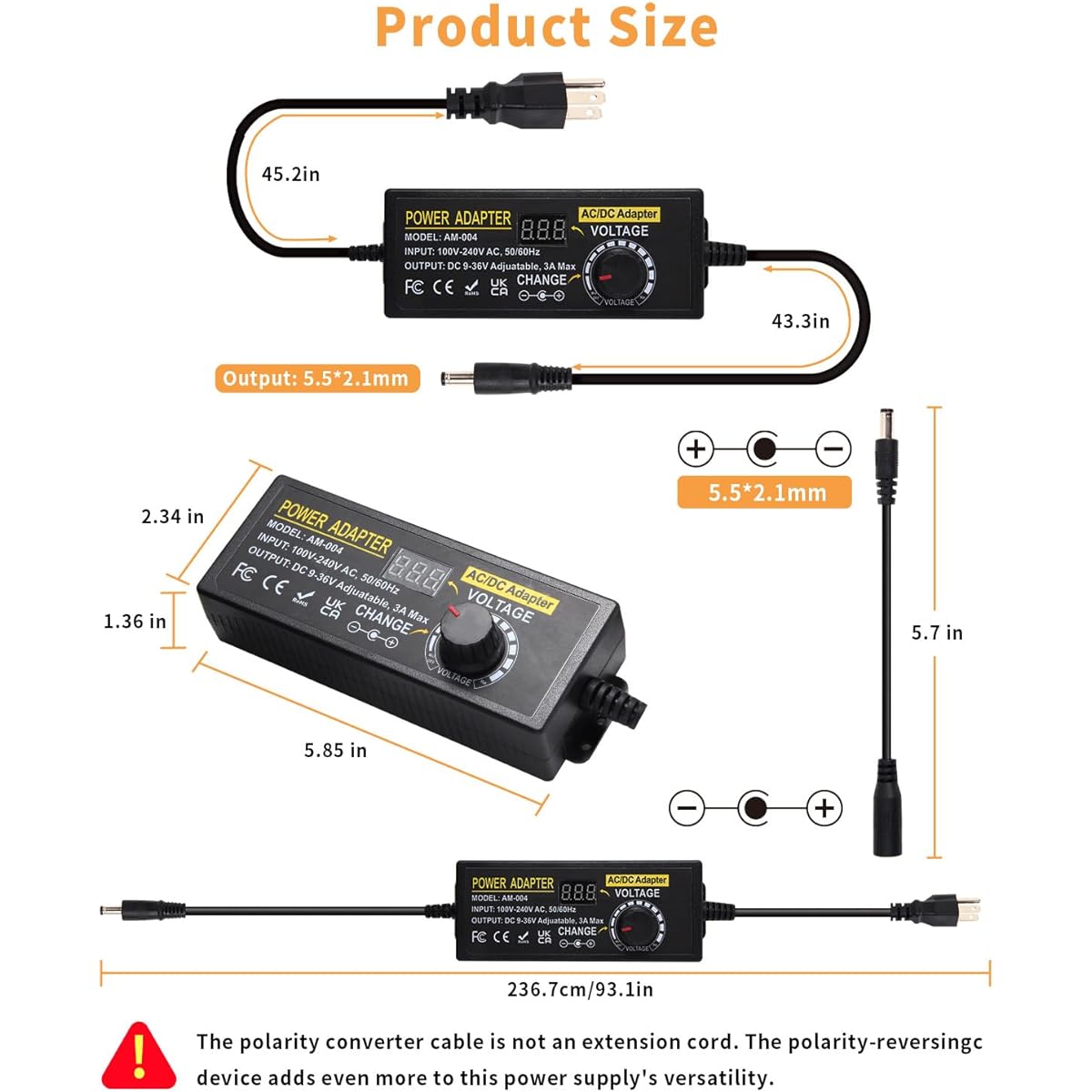 AOYADAISU 9~36V Adjustable Power Adapter - 108W 3A Universal Power Supply with 14 Chips - 100-240V 50-60Hz AC to DC Power Converter for LED Strip Light Router CCTV Camera