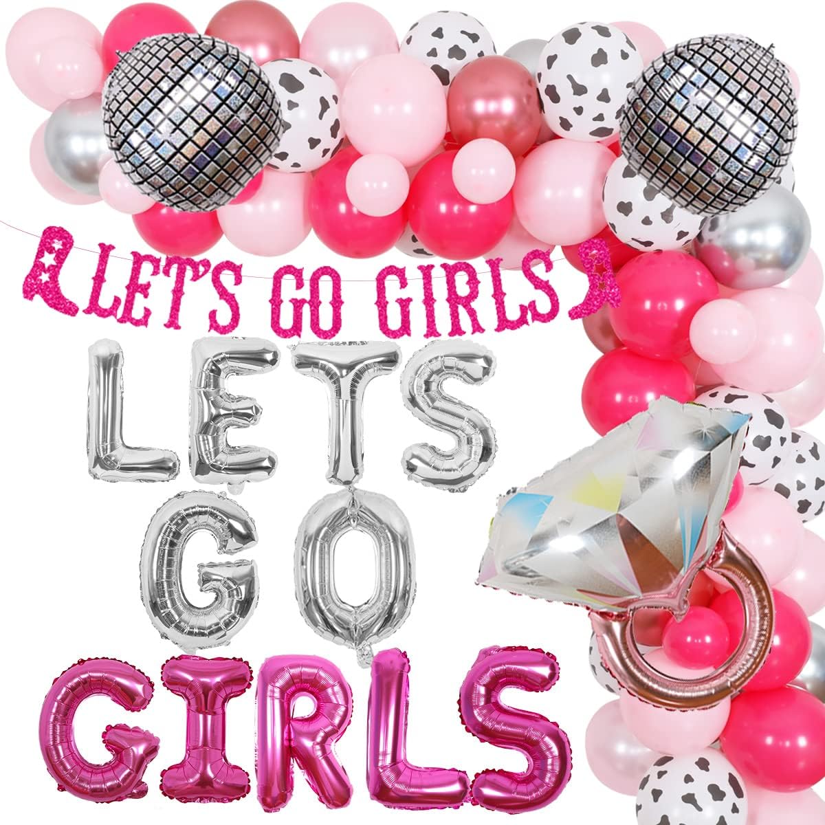 Cowgirl Bachelorette Party Supplies, Hot Pink Let's Go Girls Banner Balloon Garland Kit with Disco Balloon Ring Decorations, Nashville Bridal Bachelorette Party Decorations for Women