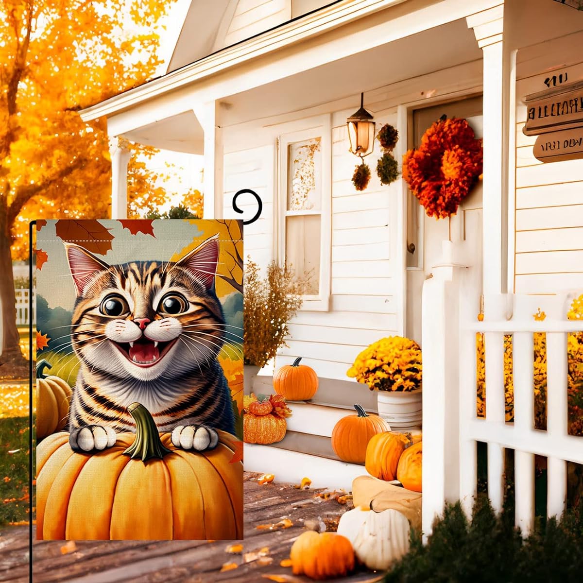 Funny Cat Fall Garden Flag 12x18 Vertical Double Sided Fall Pumpkin Maple Leaf Thanksgiving Holiday Outdoor Decor Burlap Yard Flag BW472