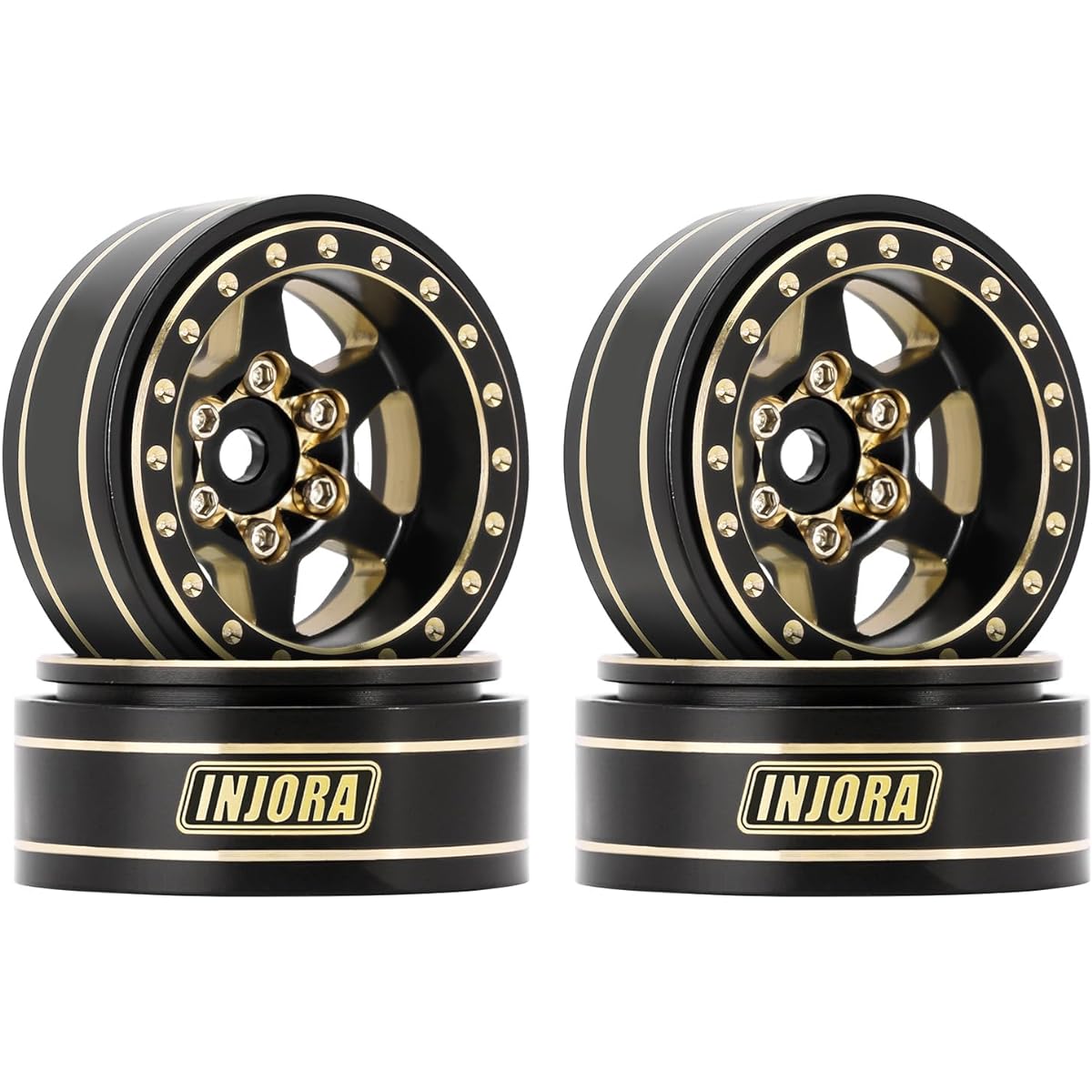 INJORA 1.0 Plus Brass Beadlock Wheel Rim 6 Spoke Wheel for TRX4M SCX24 FCX24 1/24 1/18 RC Crawler 42g/pc (Black & Gold)
