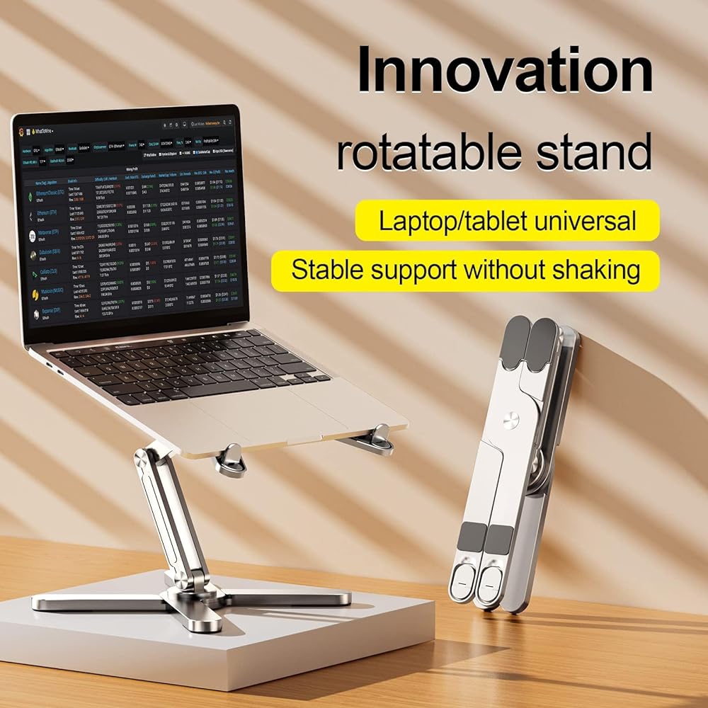 Laptop stand, PC stand, computer stand, foldable, 360° rotation, stepless angle/height adjustment, convenient to carry, ergonomics, stable, heat dissipation, improves posture, made of aluminum alloy, compatible with 17 inches or less (gray)