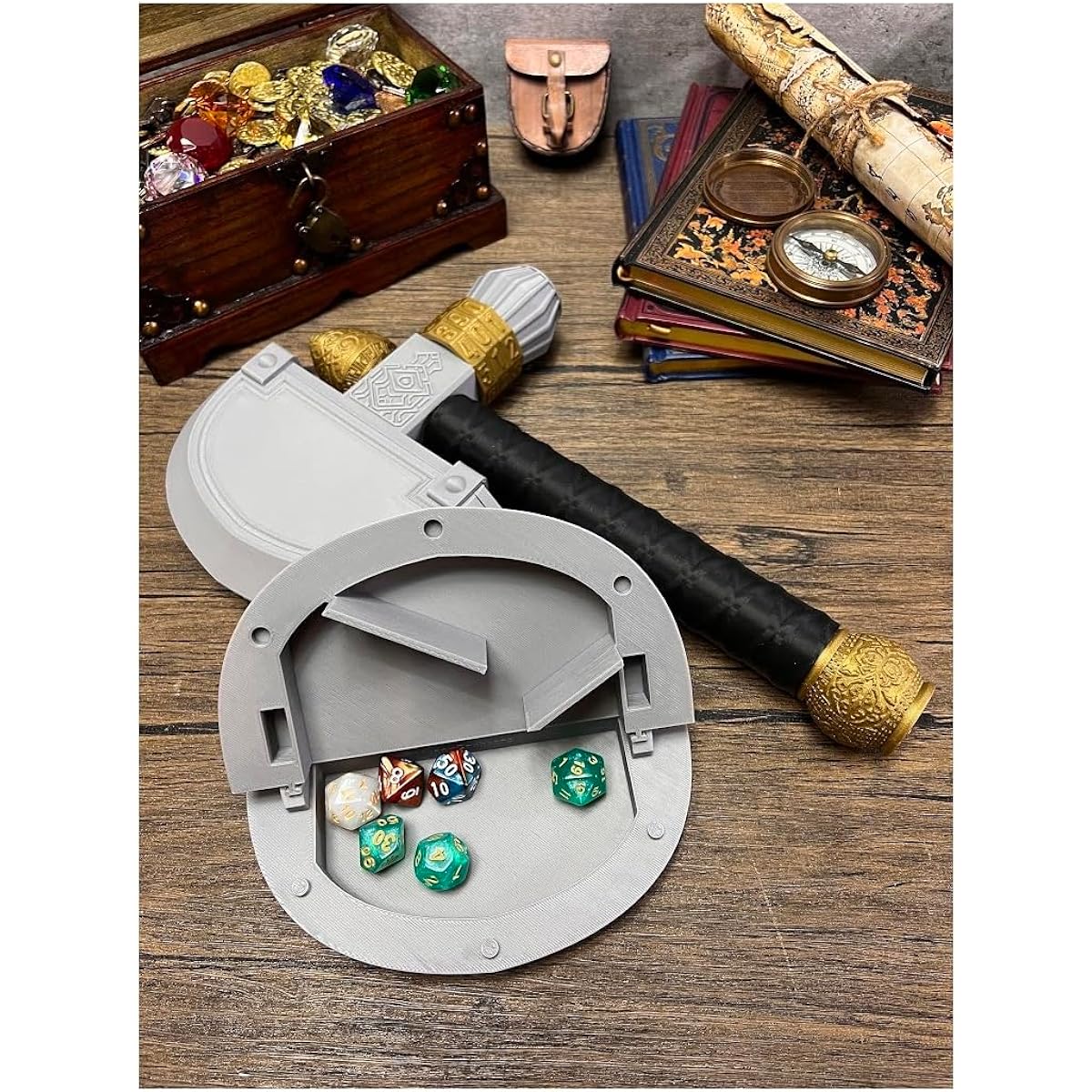 MunnyGrubbers - Ax Dice Holder & Dice Tray with Health Tracker - (7 Random D20 Dice Set Included) - Tabletop Role Playing Game - Dice Storage - Dice Roller - DND - Dungeons & Dragons - (Silver)