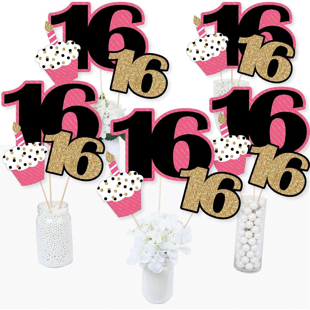 Chic 16th Birthday - Pink, Black and Gold - Birthday Party Centerpiece Sticks - Table Toppers - Set of 15