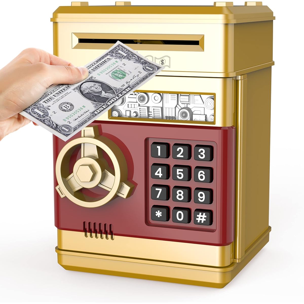 TUSEASY Piggy Bank Toy Gift for 4 5 6 7 8 9 10 Years Old Boys Girls Electronic Real Money Coin ATM Savings Safe Lock Kids Cute Kawaii Stuff (Gold)
