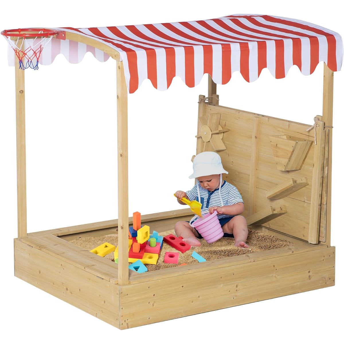 BRINJOY Children's Sandbox with Sand Wall Wooden Pit Playstation with Canopy & Bottom Liner Outdoor Sandbox Toddler Sandbox with Basketball Hoop/Chalkboard/Storage Box & Hooks for Garden/Beach/Backyard
