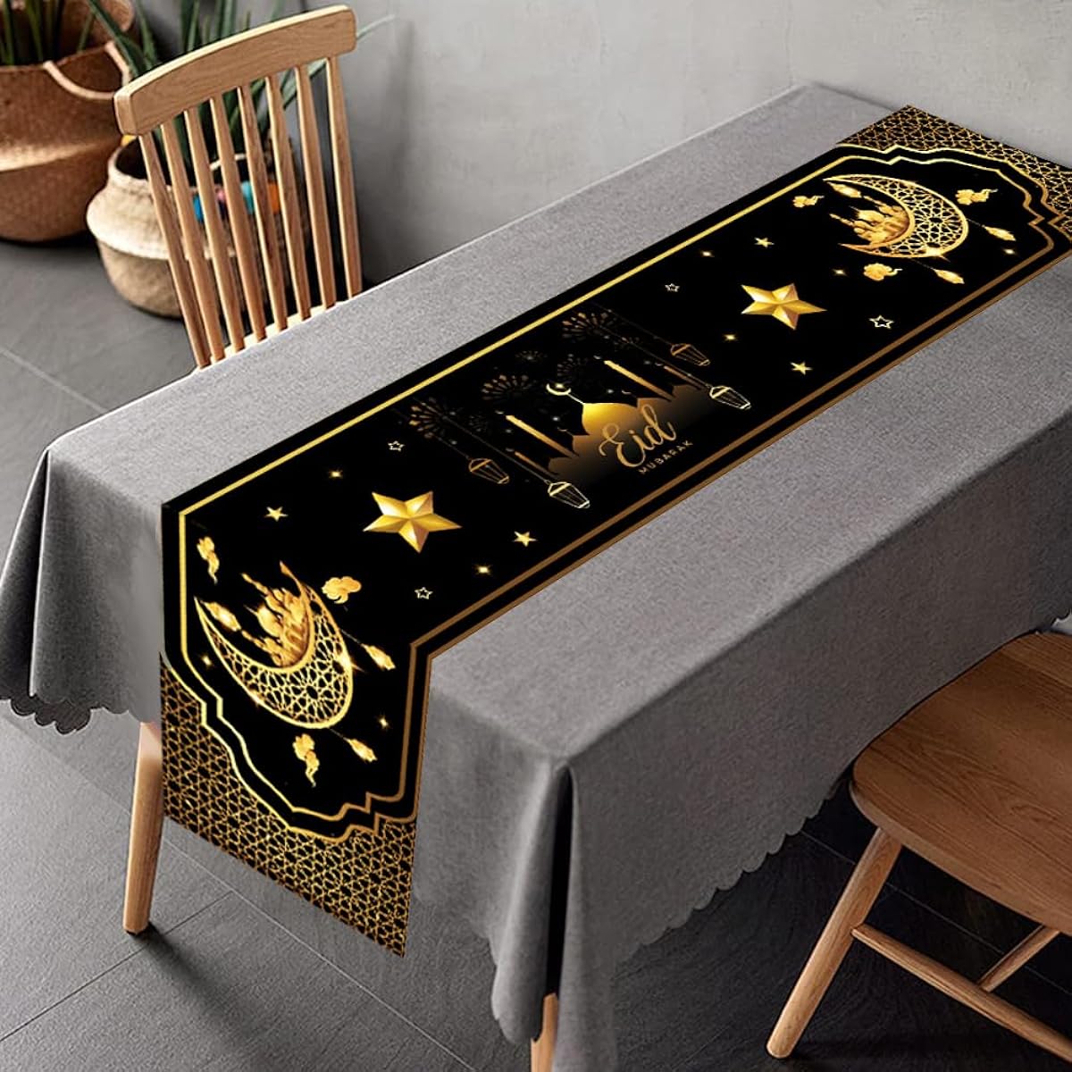 KYMY Ramadan Mubarak Table Runner 71X13.8 Inch Eid Mubarak Table Runner Islamic Islamic Table Runner Eid Mubarak Party Decoration Home Dining Room Decor (EID-Black-1)