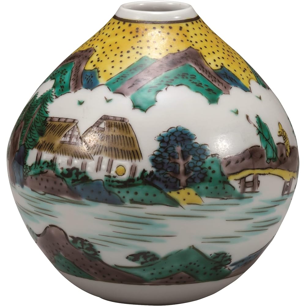 Kutani Ware Iwataya "Kutani Ware" Vase (No. 8) Red Fuji and Crane by Hiroki Furuta K7-1261 Diameter 11.8 x Height 25 cm