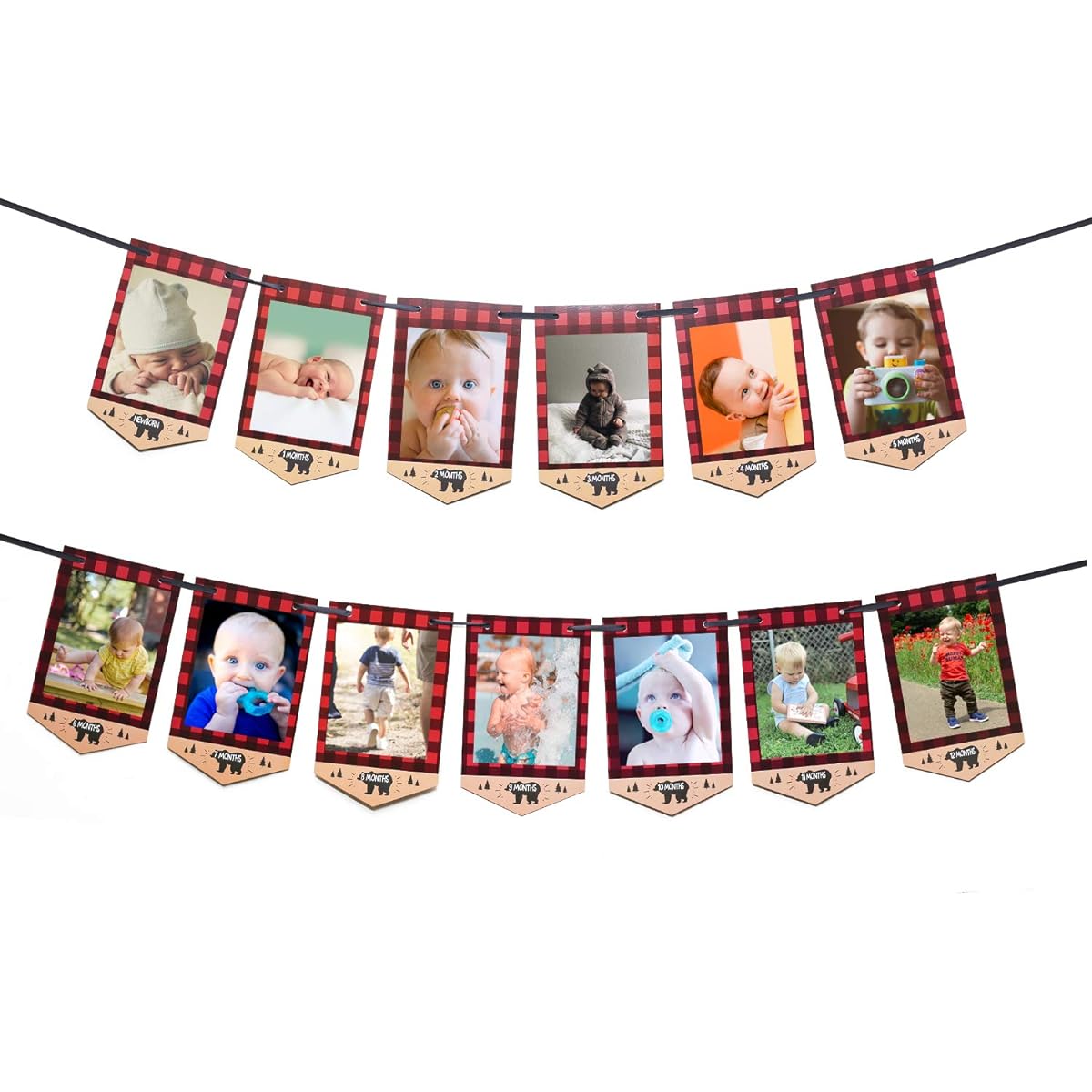 Lumberjack First Birthday Photo Banner Baby Monthly Photo Prop Buffalo Plaid Camping Bunting Garland, Woodland Party Decor