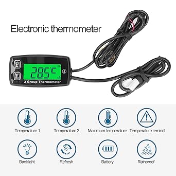 DOQN Engine Temperature Gauge, LCD Tachometer Heat Resistant Dual Channel, Green Backlight for Motorcycle, Boat ATV