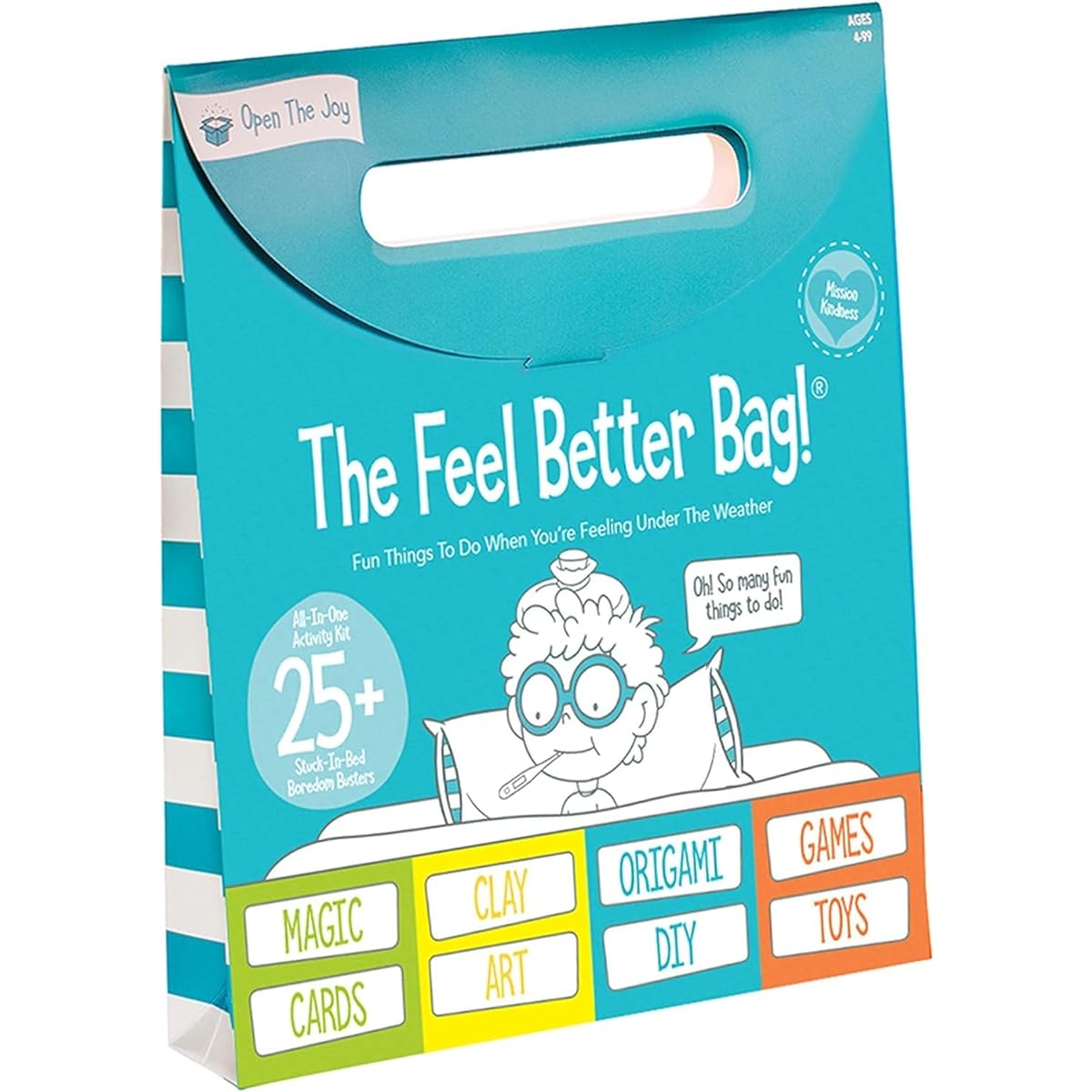 Open The Joy Feel Better Bag: Get Well Soon Kids Gift Basket with 25+ Fun Activities, Playing Cards, Origami Games, Clay Art, Great Gift for Kids After Surgery, Ages 4+