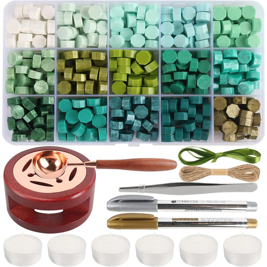 388 Pieces Wax Seal Stamp Kit Sealing Wax Kit with Wax Seal Beads Wax Seal Warmer Wax Seal Metallic Pen Wax Stamp Spoon and Candle for Vintage Envelope Letter Sealing (Green)