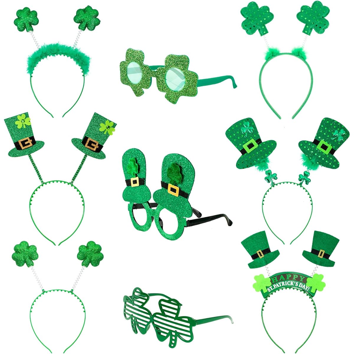 Whaline 9 Piece St. Patrick's Day Headband and Glasses Set - St. Patrick's Clover Hair Hoop, Shamrock Glasses, Green Irish Accessories for Men and Women, Leprechaun Party Supplies, Costume Favors