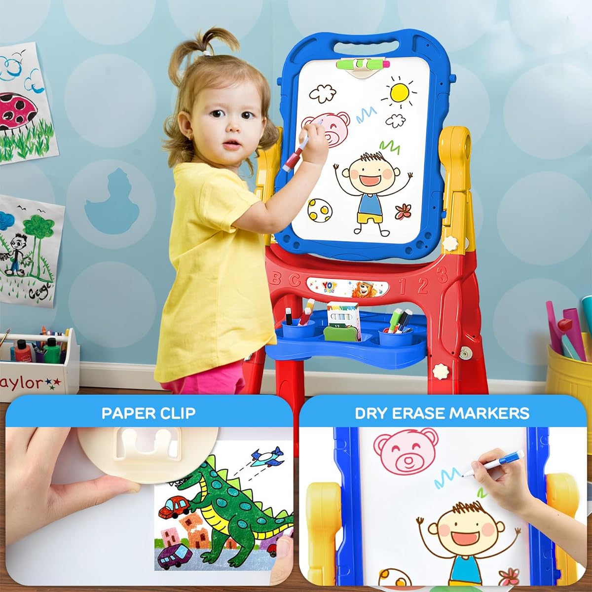 TOY Life Kids Easel Art Easel for Toddlers - 4 in 1 Double Sided Large Board Kids Chalkboard Easel Drawing Whiteboard Ages 3+