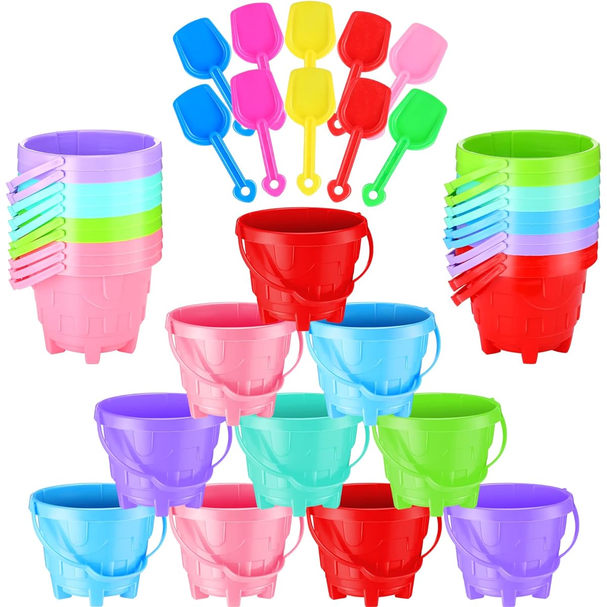 Set of 30 5.5'' Beach Pail Sand Shovel Set Sandcastle Building Sand Bucket 6 Colors Plastic Bucket with Sandcastle Design Inside for Boys and Girls