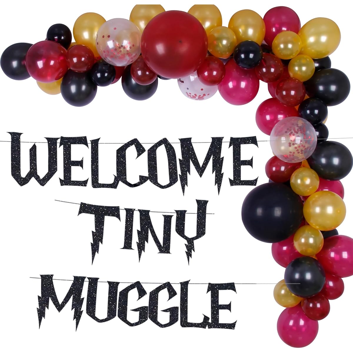 HOMEZZO Magical Wizard Baby Shower Decorations - Welcome Tiny Muggle Banner, Party Decor, HP Balloon Garland Arch, Inspired Bolt, Deathly Hallows Cake Topper