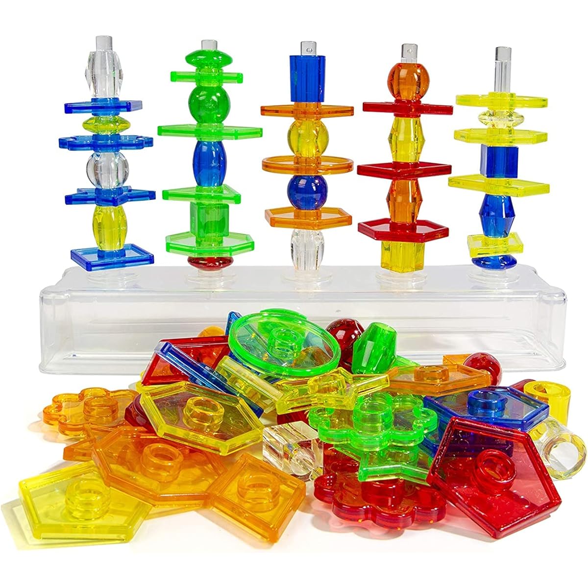 Think Fast Toys Translucent Multi-Function Sorting Set - 92 Geo Shapes, 50 Geo Beads, 5 Sticks, 1 Base, Retail Packaging