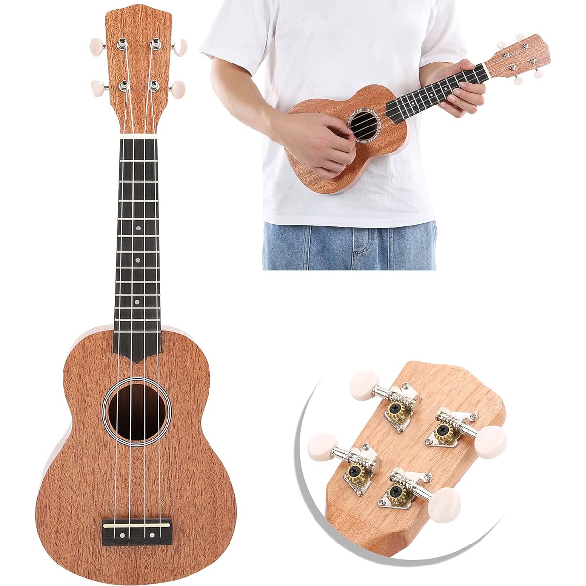 Ukulele for Beginners, 21 Inch Mahogany Ukulele for Kids, Closed Knob, Nylon Bag, Musical Instrument, Small Guitar for Beginners (Wood Color)