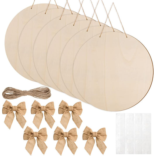 6 Pieces 18 Inch Wooden Circles for Crafts, Unfinished Round Wood Discs, Blank Wooden Circular Slices, Round Wooden Door Hangers, Signs, Bows, Twine, and Glue Points for DIY Crafts, Holiday Decorations, 5mm Thick