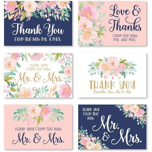 24 Navy Floral Wedding Thank You Cards with Envelopes, Elegant Bridal Shower Thank You Cards for Newlyweds, Blue Flowers, Thank You Crafts, 4x6, Personalized Bulk Thank You Stationery