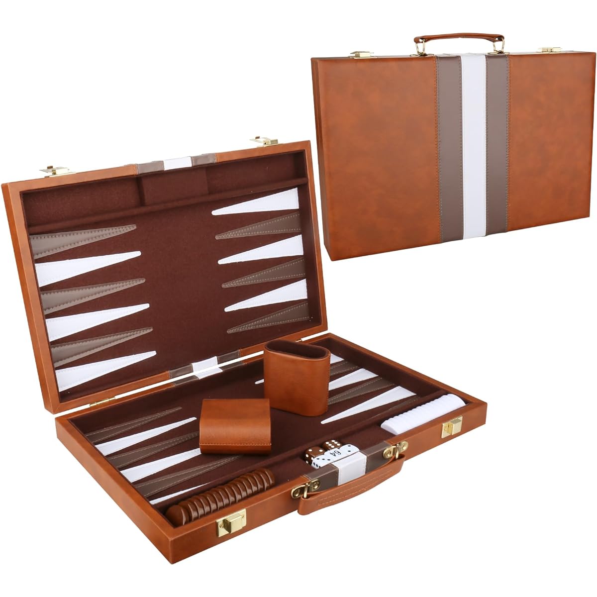 Backgammon Set - Classic Board Game with Premium Leather Case - Portable Travel Strategy Backgammon Game Set for Adults and Kids, Large, Brown