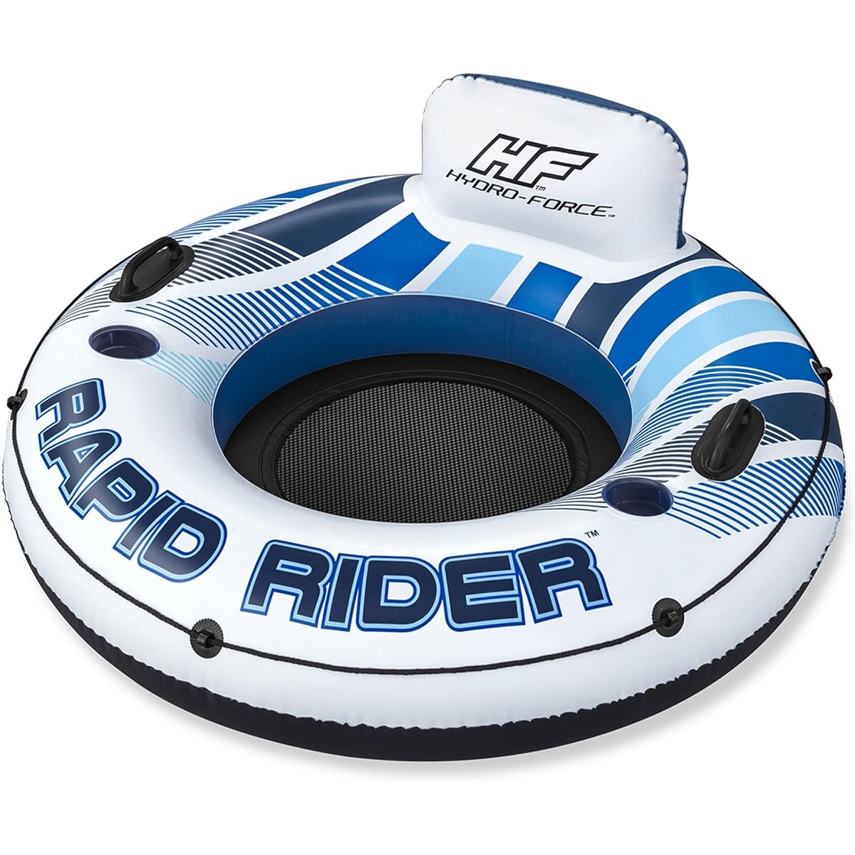 Bestway 43116E Hydroforce RapidRider Inflatable River Lake Pool Inner Tube Float with Backrest and Wraparound Grab Rope, Blue & White