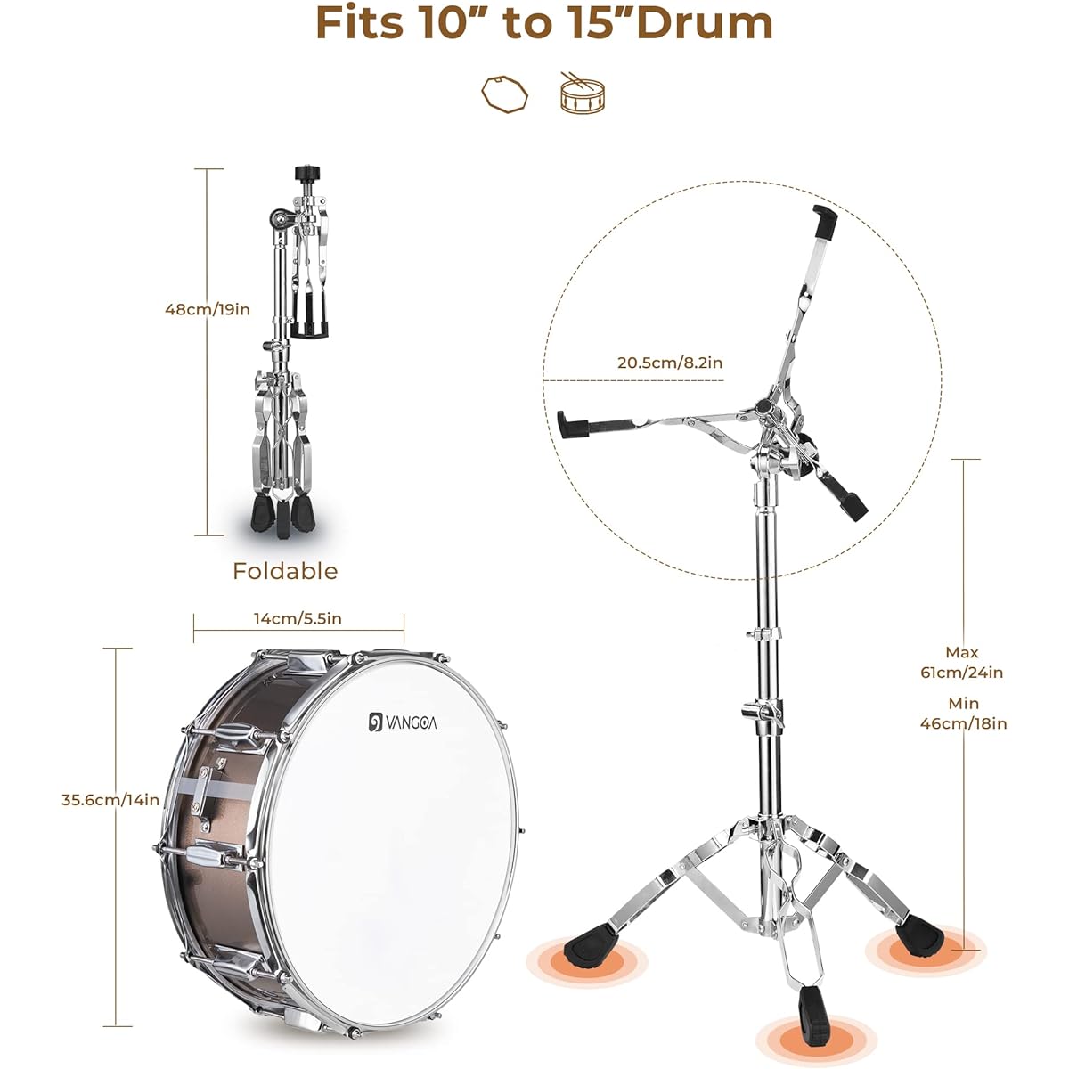 Vangoa Snare Drum Set Student Snare Drum Kit with Stand Drum Mute Pad 5A Drumsticks Drum Key Sticks 14" x 5.5" Brown