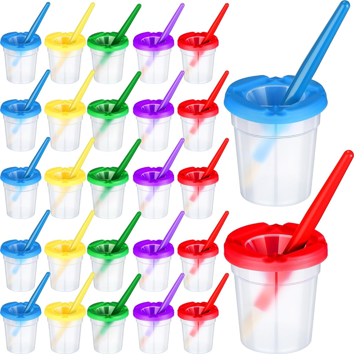 Geyoga 30 Pieces Spill-Free Paint Cups with Paint Brushes for Toddlers, Paint Cups for Kids, Paint Cups with Lids, Paint Cups with Large Round Paint Brushes, Paint Brush Cups for Kids