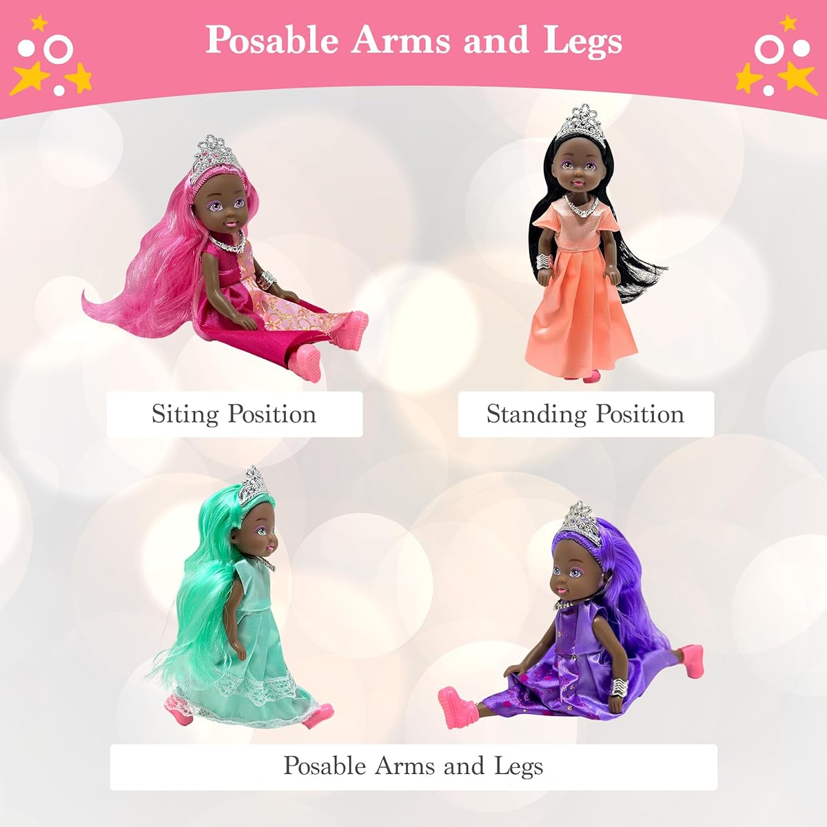 Small Princess Doll Set for Girls - Princess Toy Dolls for Dollhouse - Small Dolls Mini Princess Figures Tiaras Hair Accessories - Set of 6 Small 5.5 Inch Miniature Mini Dolls, B346, African American