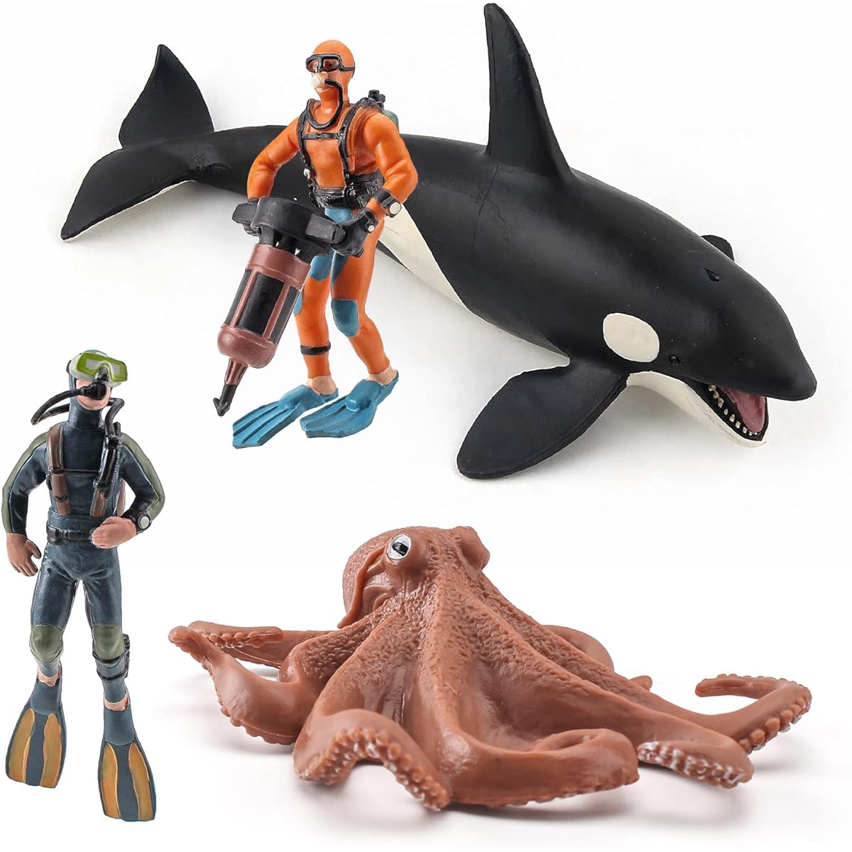 Sea Animals Figure Toy Playset 4 Pieces Diver Killer Whale Octopus Model Toy Tabletop Decor Collection Party Favors Toys for Boys Girls Kids