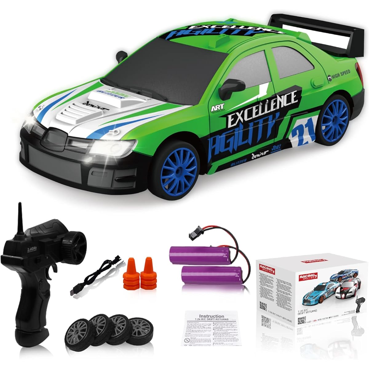 Remote Control Car RC Drift Car 2.4GHz 1:24 Scale 4WD 15KM/H High Speed Model Vehicle LED Light Drift Tire Racing Sports Toy Car for Adults Boys Girls Kids Gift 2pcs Rechargeable Battery