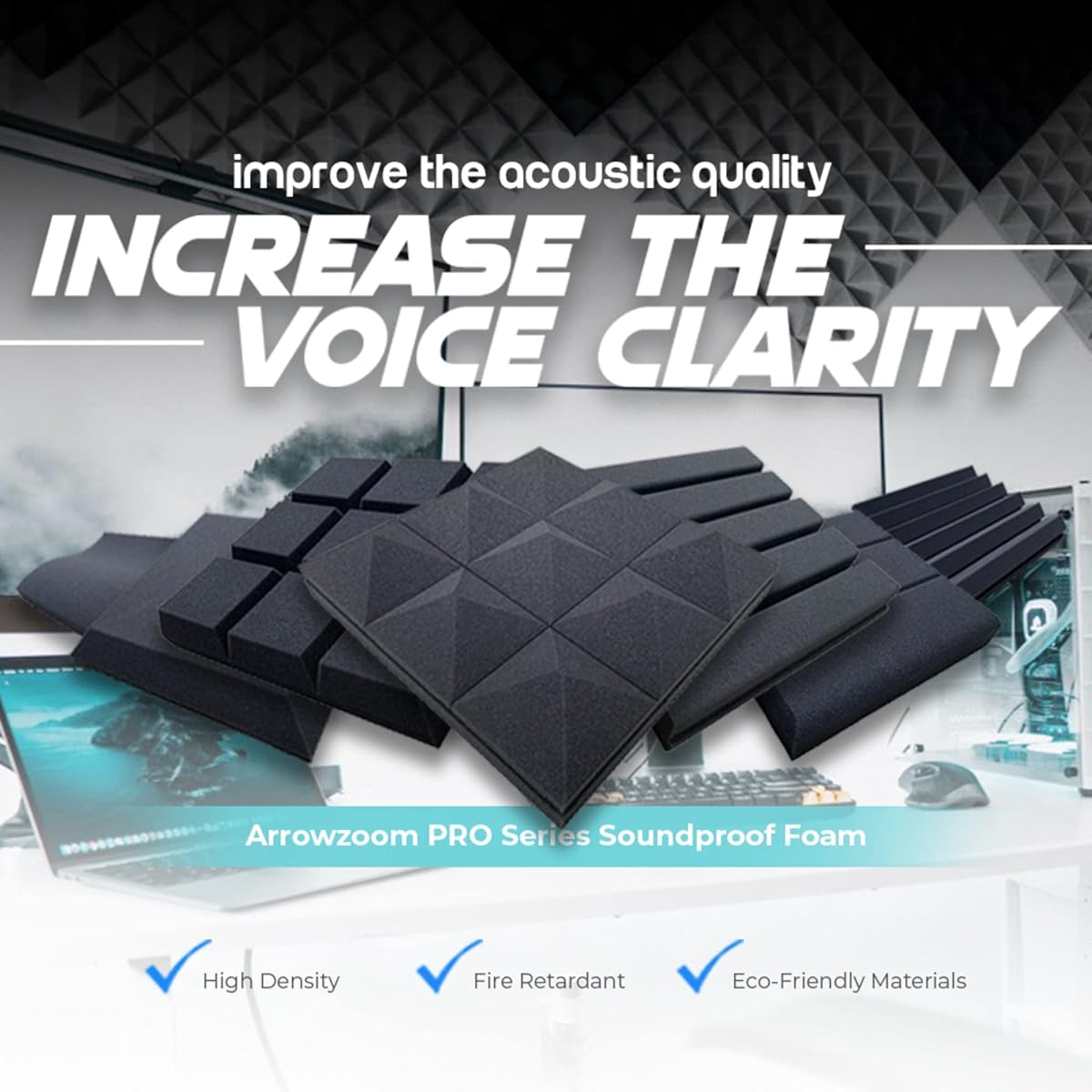 Arrowzoom 24pcs Black & Red Triangle PRO Acoustic Foam Tile Wall for Soundproof Recording and Noise Reduction for Studio & Home 30cm x 30cm x 5cm SD1243