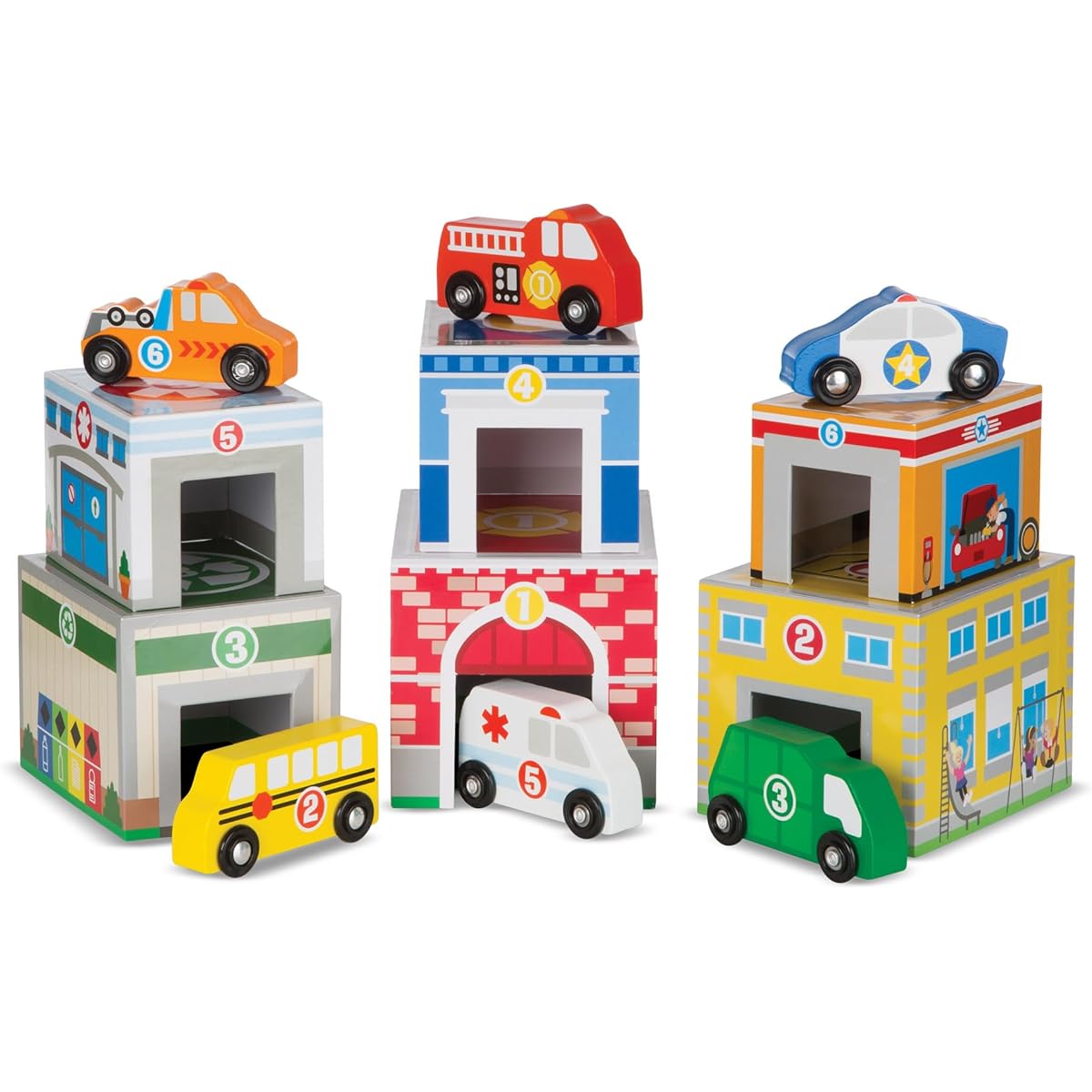 Melissa & Doug Sorting Block Set 6 Buildings + 6 Vehicles Toy