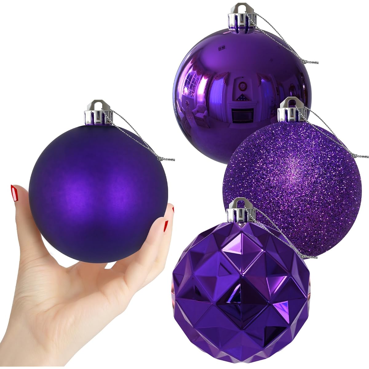 Purple 4" Large Christmas Balls - Christmas Tree Decoration Ornaments Shatterproof Hanging Balls for St. Patrick's Day, Easter, Valentine Decorations, Set of 4