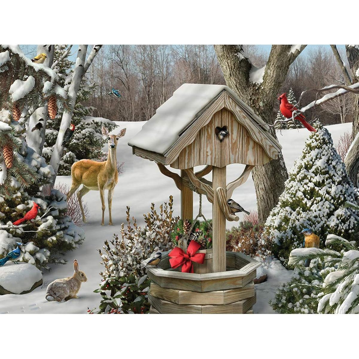 Bits and Pieces - 500 Piece Jigsaw Puzzle for Adults 18" x 24" - Winter Wishes II - 500 Piece Snowy Forest Wishing Well Animal Jigsaw Puzzle by Artist Alan Gianna