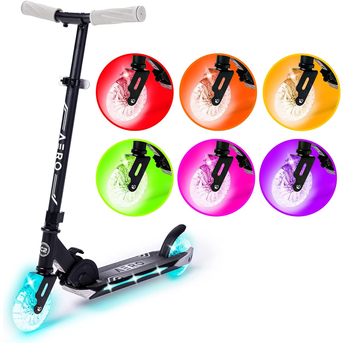 Aero C2 Toddler 2 Wheel Kick Scooter for 5-8 Years (or 6-10 or 6-12 Years) Kids Dynamic RGB Lights Foldable Height Adjustable Kids Scooter with Illuminated Deck LED Light Up Flashing Clear Wheels
