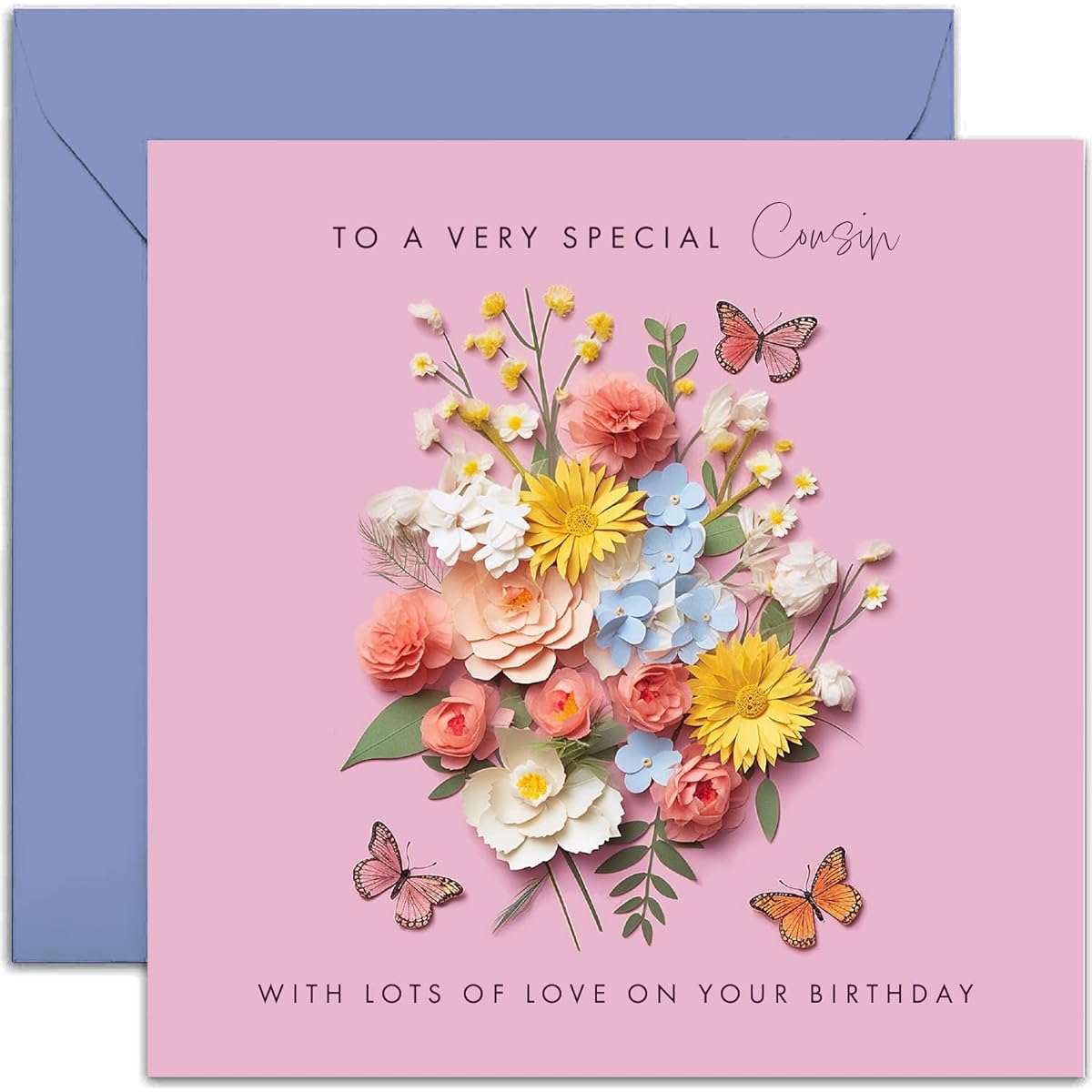 Old English Co. Special Cousin Birthday Card for Her - Pink Flower Butterfly Paper Cutout Artwork Birthday Card for Cousin - Cute Cousin Birthday Card | Blank Inner Envelope