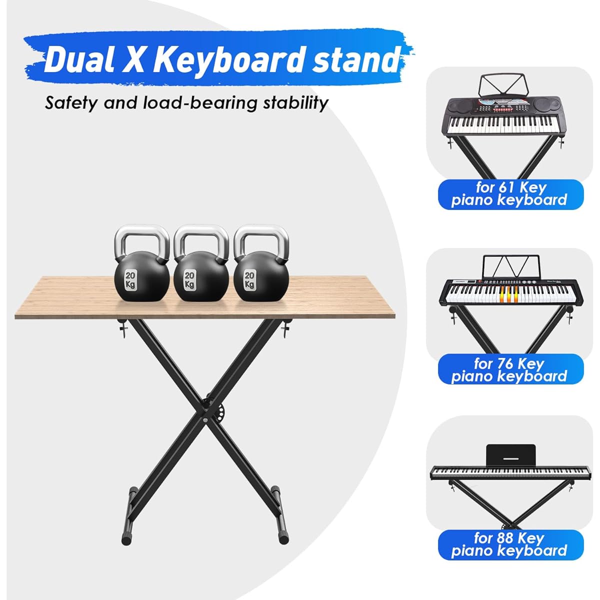 KONIX X Style Piano Stand, Double Braced Adjustable Keyboard Stand with Locking Strap & Quick Release Mechanism for 61 76 88 Keys