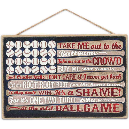 Open Road Brands Take Me Out to The Ballgame Flag Hanging Wood Wall Decor - Vintage Americana Baseball Sign for Man Cave or Kid's Bedroom