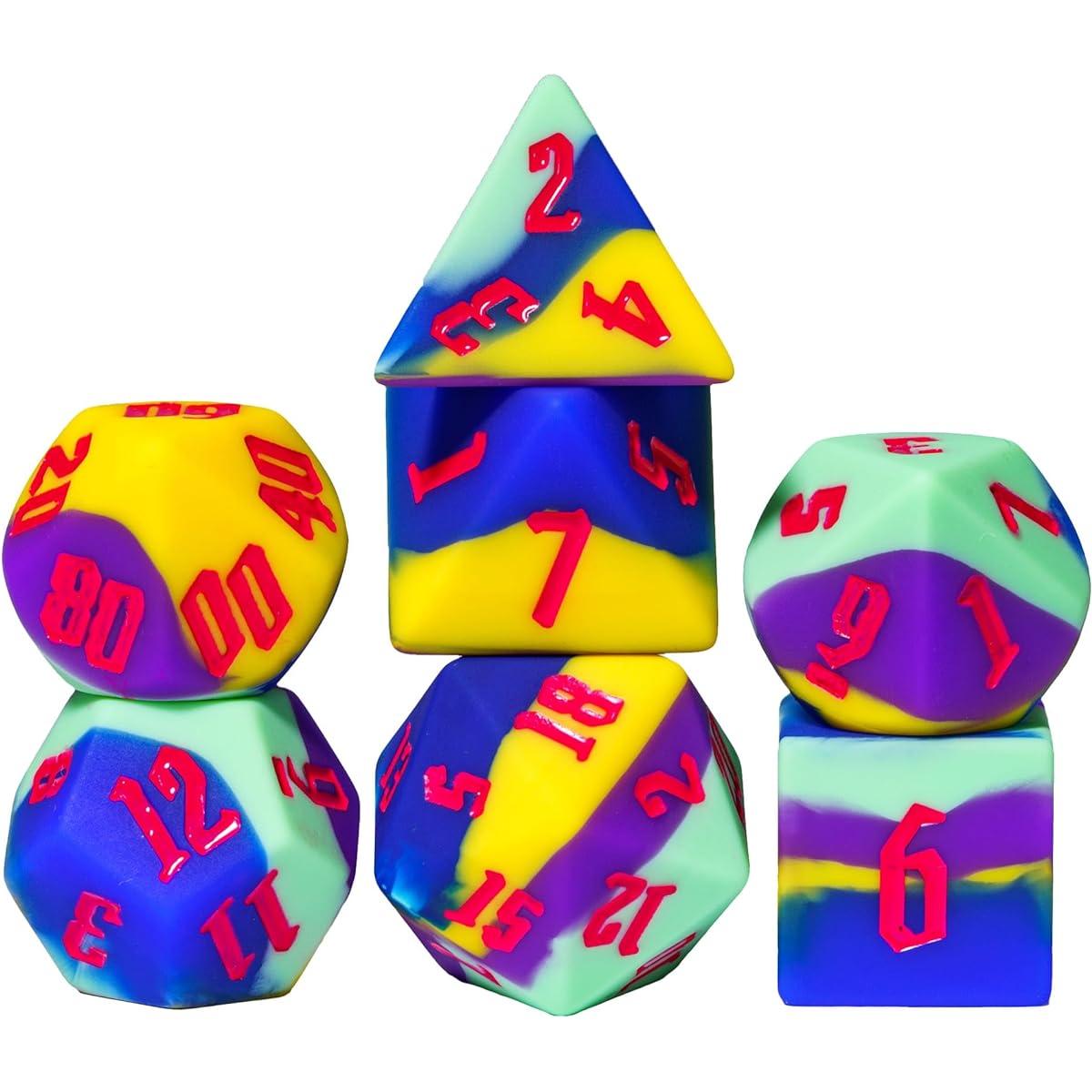 IUSTIDIE Silicone 7 Dice DND Dice Polyhedral Dice D&D Dice Set Bright Color Soft & Comfortable Touch Perfect Bouncer for D&D RPG Bar Pub Club Classroom Party Game (Purple Blue Green Yellow/R)
