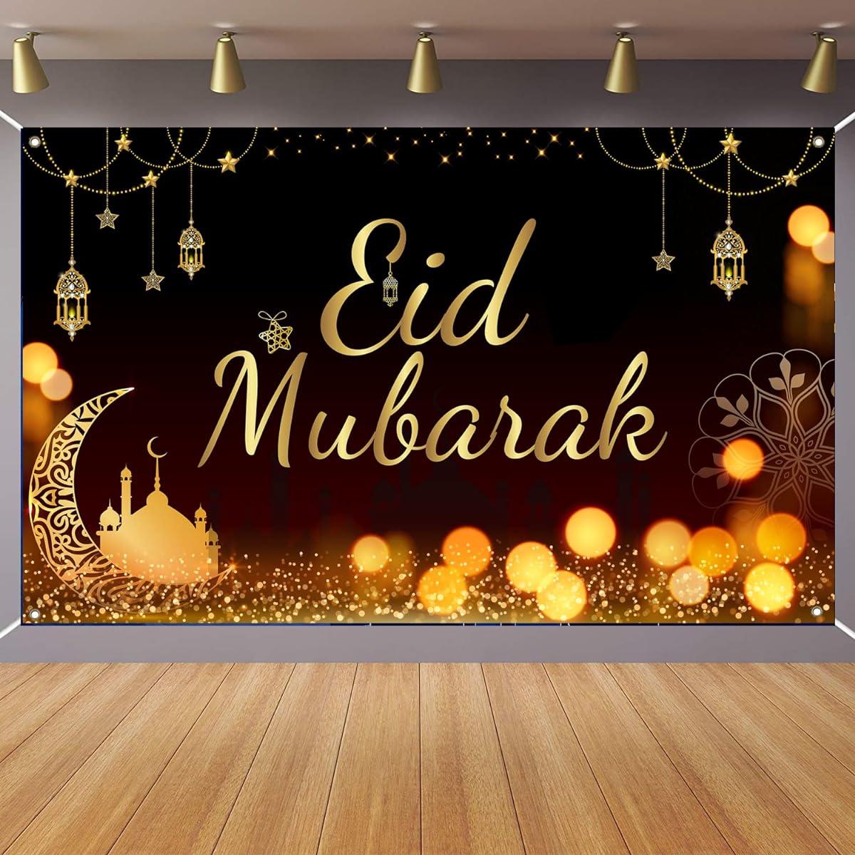 Gold 70.8 x 43.3 inch Eid Mubarak Party Backdrop Eid Mubarak Photo Background Eid Mubarak Party Decorations Ramadan Party Backdrop
