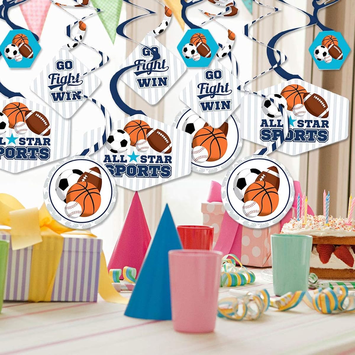 Big Dot of Happiness Go, Fight Win - Sports - Baby Shower or Birthday Party Hanging Decorations - Party Decoration Swirls - Set of 40