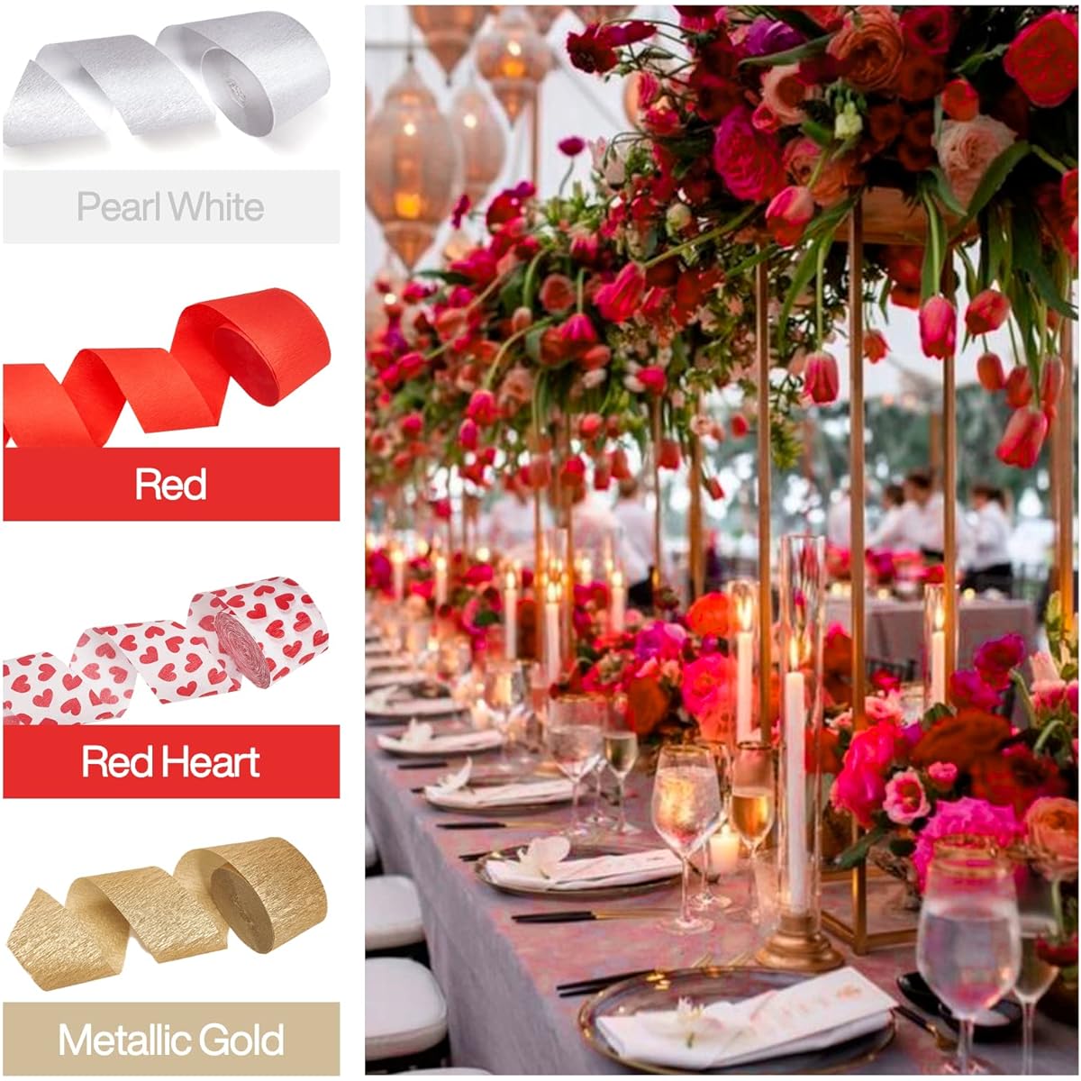 PartyWoo Crepe Paper Streamer 6 Rolls 560ft Metallic Gold Red Heart and White Crepe Paper for Birthday Decorations Party Decorations Valentine's Day Decorations (1.8" x 82ft/Roll)