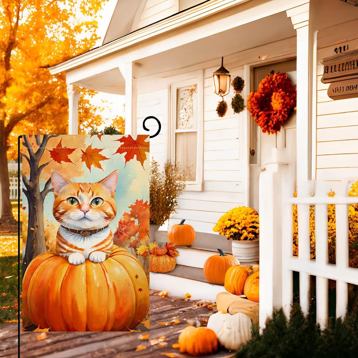 Autumn Cat Garden Flag 12x18 Vertical Double Sided Autumn Pumpkin Maple Leaf Thanksgiving Holiday Outdoor Decor Burlap Garden Flag BW464