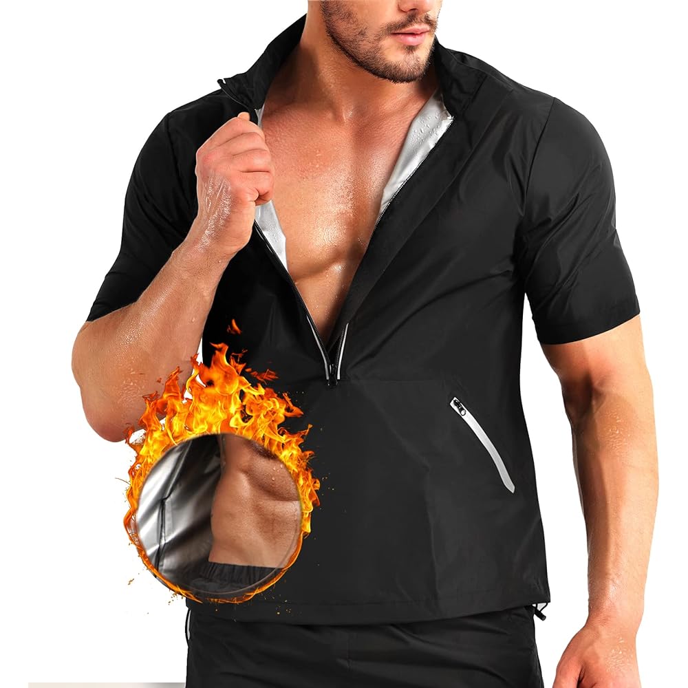 [Sawaiko] Men's Sauna Jacket, Washable, Short Sleeve, Heavy Sweating, Running, Windbreaker, T-Shirt, Pullover, Hood, Stylish, Athletic Wear, Waterproof, Training Wear, Walking Sportswear, Exercise