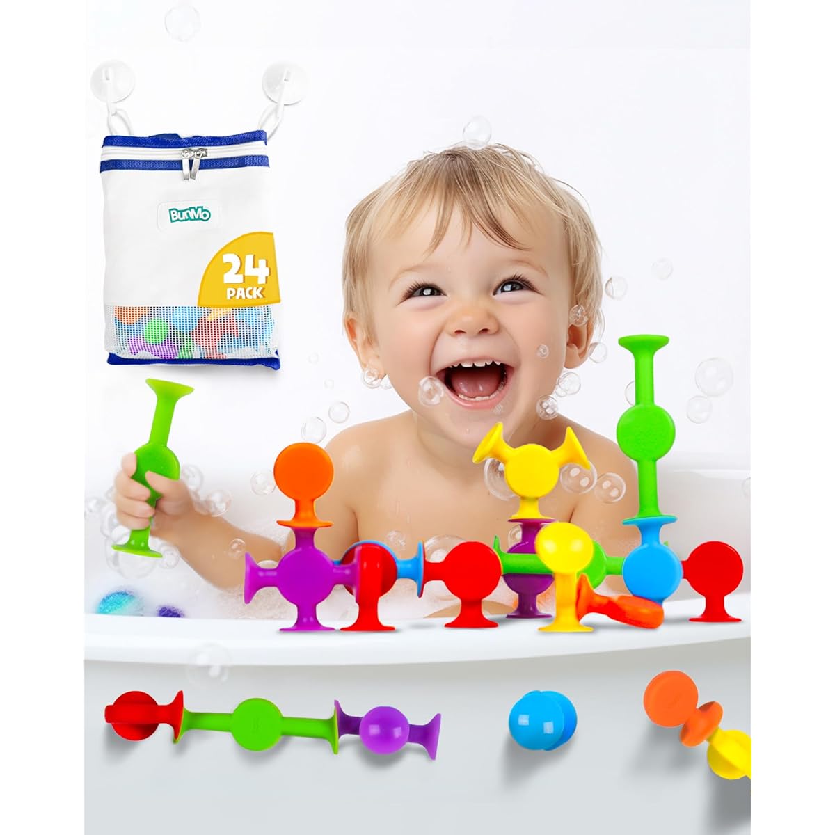 BUNMO 24 Piece Textured Suction Bath Toys | Connect, Assemble, Create | Mold Free Bath Toys | Hours of Fun and Creativity | Fine Motor Skills | Stimulating and Addictive Sensory Suction Toys | No Holes Bath Toys