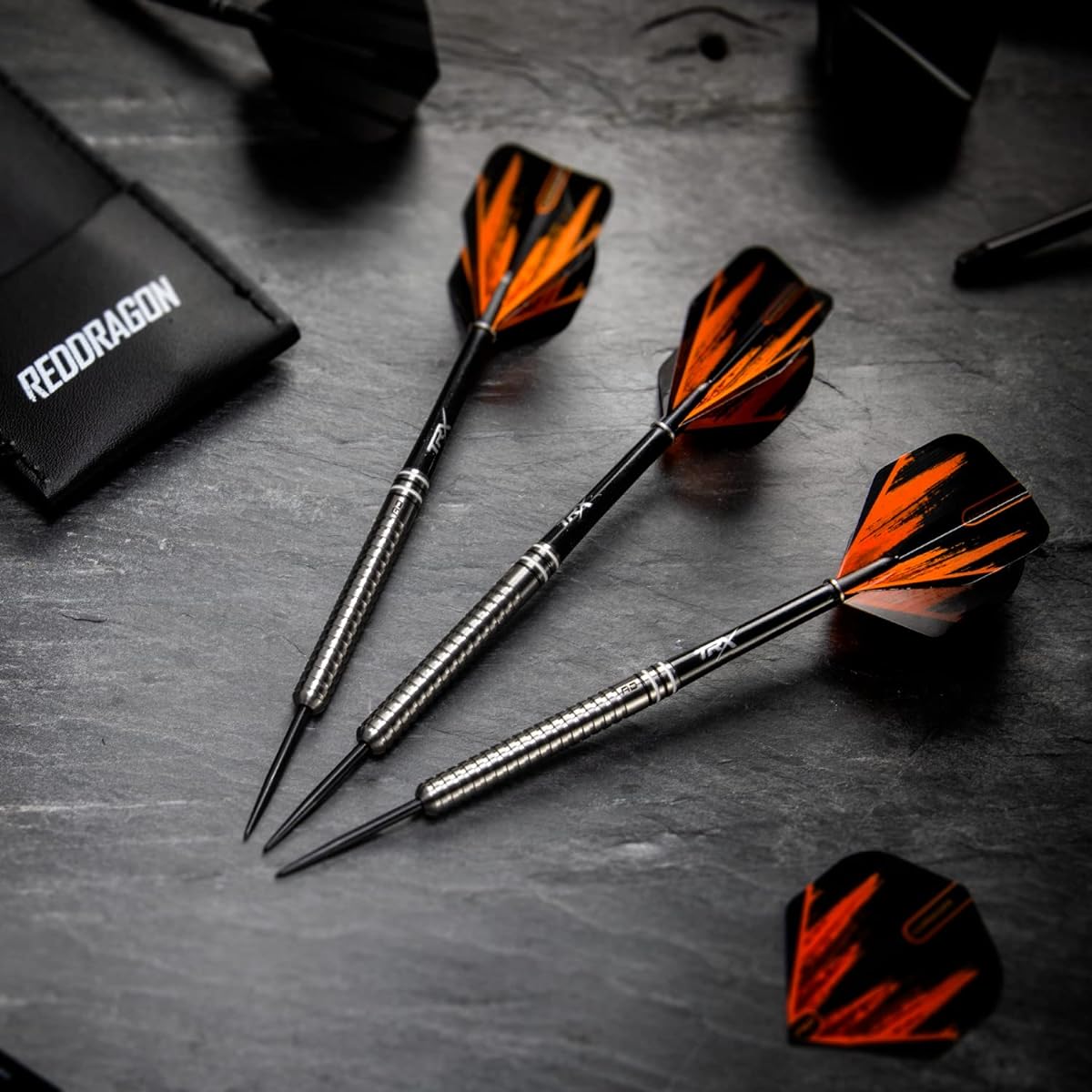RED DRAGON Raider Series: 23 Gram Steel Tip Tungsten Darts Set - Professional Darts with Shafts (Stems), Flights and Checkout Card.