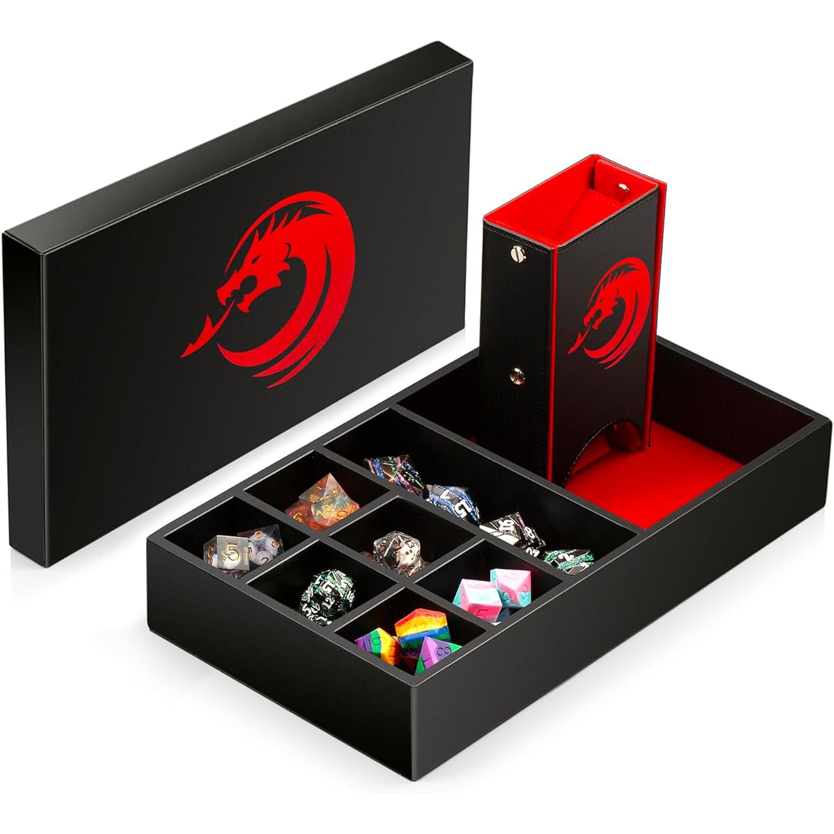 DNDND 3-in-1 DND Dice Tray Dice Tower Dice Storage Portable Rectangular Storage Tabletop Games for Dungeons and Dragons D&D Tabletop RGP Games (Red Velvet and Black PU Leather)