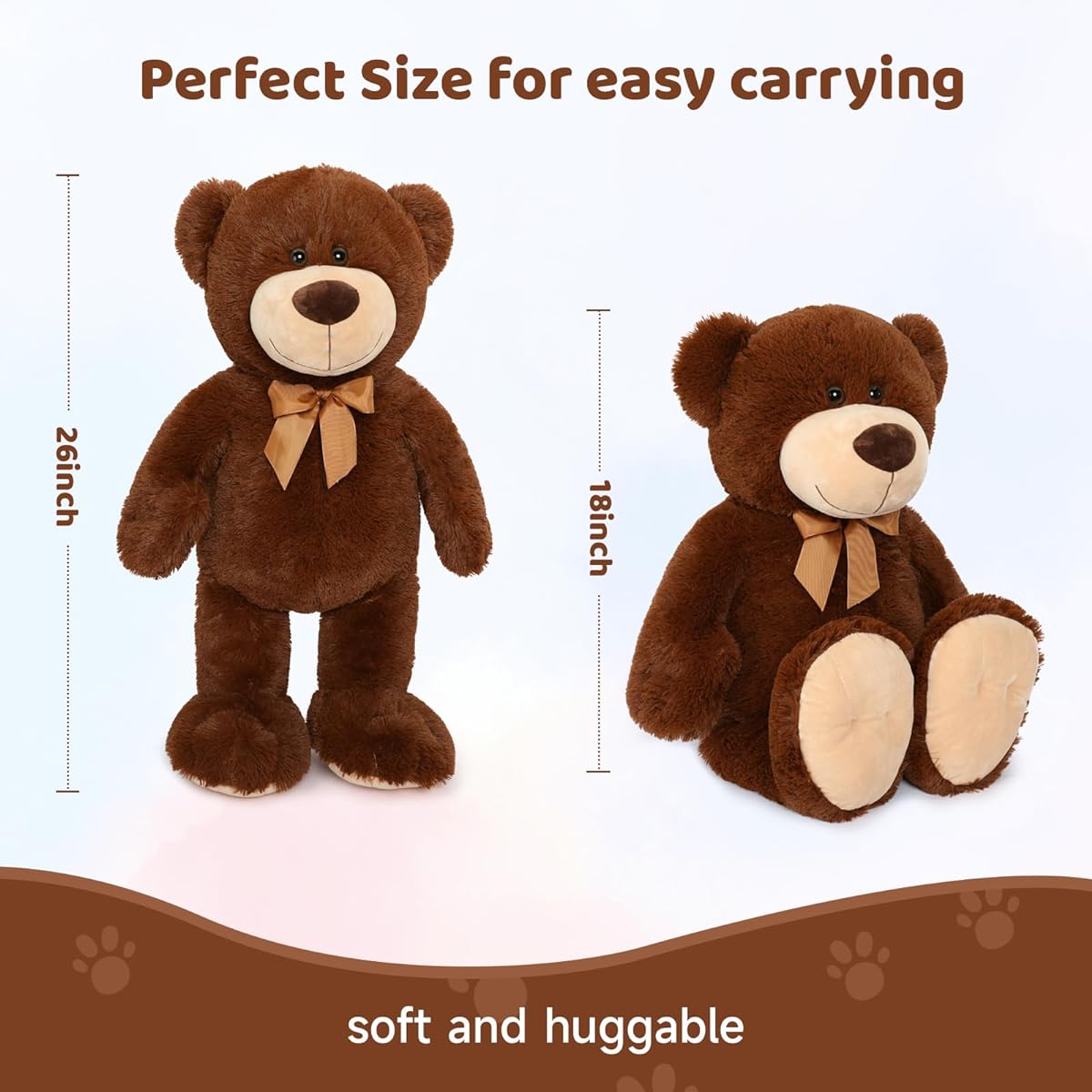 Tezituor Big Teddy Bear Plush Toy Dark Brown 26 Inch Soft Teddy Bear Girlfriend for Kids